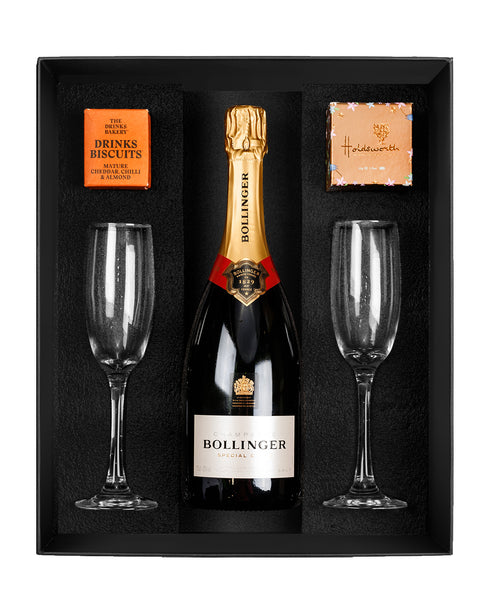 Bollinger 75cl Chocolate Truffle & Drinks Biscuits Gift Box with Pair of Flutes
